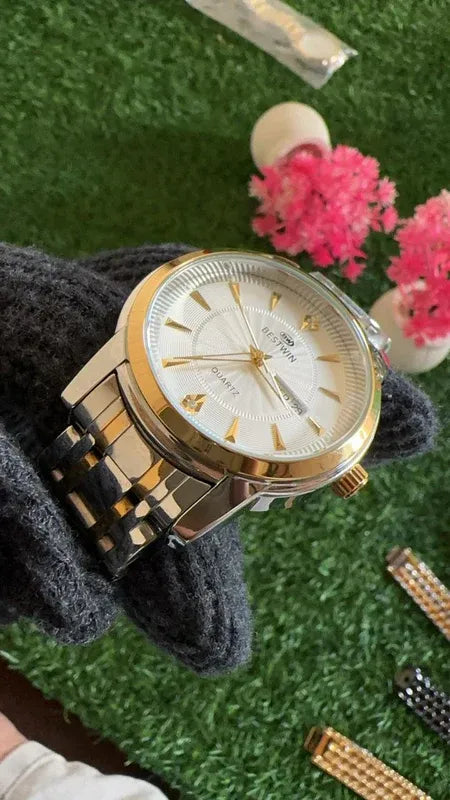 🤍 BestWin Jubilee – Gold & Silver + White Dial | Waterproof| ZAS Watches