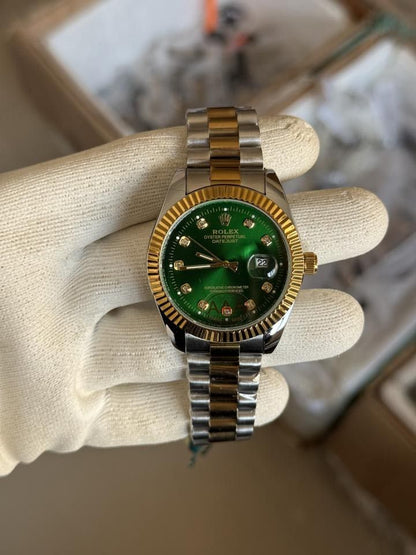 💚 Gold Silver + Green Dial (Bezel Cut) | Waterproof| Stainless Steel | Shahid Watches